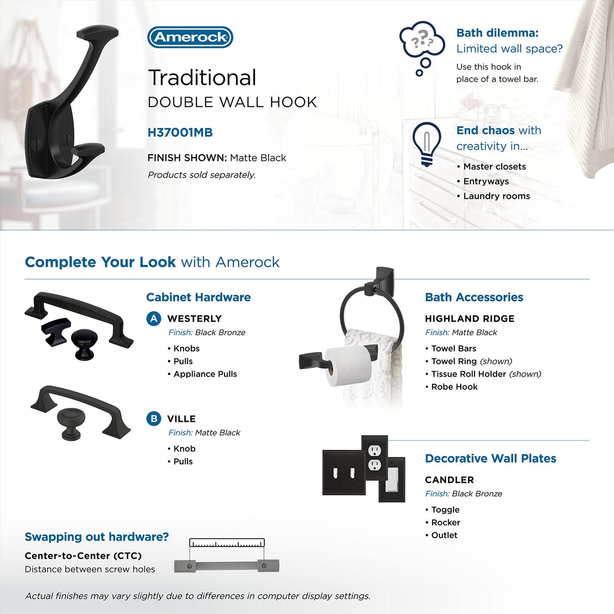 Amerock H37001MB Vicinity Double Prong Decorative Wall Hook Matte Black Hook for Coats, Hats, Backpacks, Bags Hooks for Bathroom, Bedroom, Closet, Entryway, Laundry Room, Office