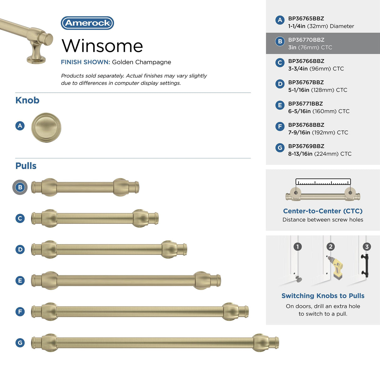 Amerock BP36770BBZ Golden Champagne Cabinet Pull 3 in (76 mm) Center-to-Center Cabinet Handle Winsome Drawer Pull Kitchen Cabinet Handle Furniture Hardware