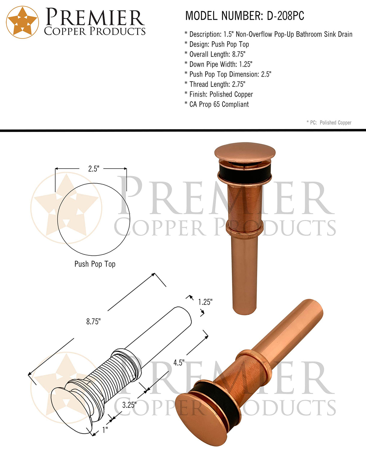 Premier Copper Products D-208PC 1.5-Inch Non-Overflow Pop-up Bathroom Sink Drain, Polished Copper