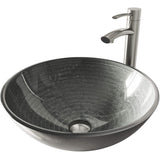 VIGO VGT1062 16.5" L -16.5" W -12.5" H Handmade Glass Round Vessel Bathroom Sink Set in Simply Silver Finish with Brushed Nickel Single-Handle Single Hole Faucet and Pop Up Drain