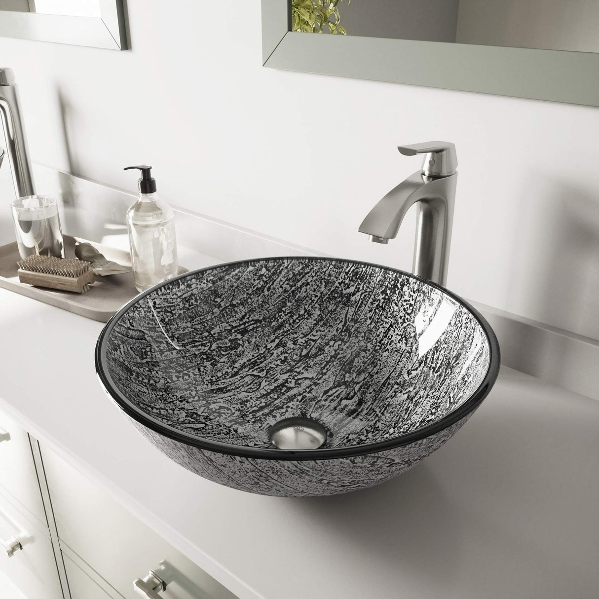 VIGO VGT559 16.5" L -16.5" W -12.38" H Titanium Handmade Glass Round Vessel Bathroom Sink Set in Slate Grey Finish with Brushed Nickel Single-Handle Single Hole Faucet and Pop Up Drain