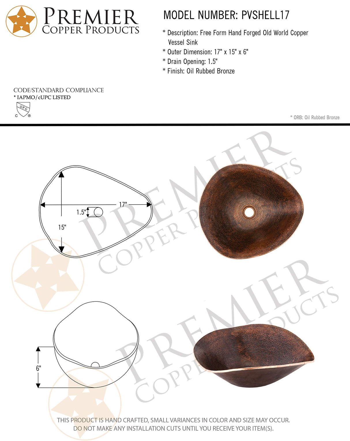 Premier Copper Products PVSHELL17-Inch Free Form Hand Forged Old World Copper Vessel Sink, Oil Rubbed Bronze