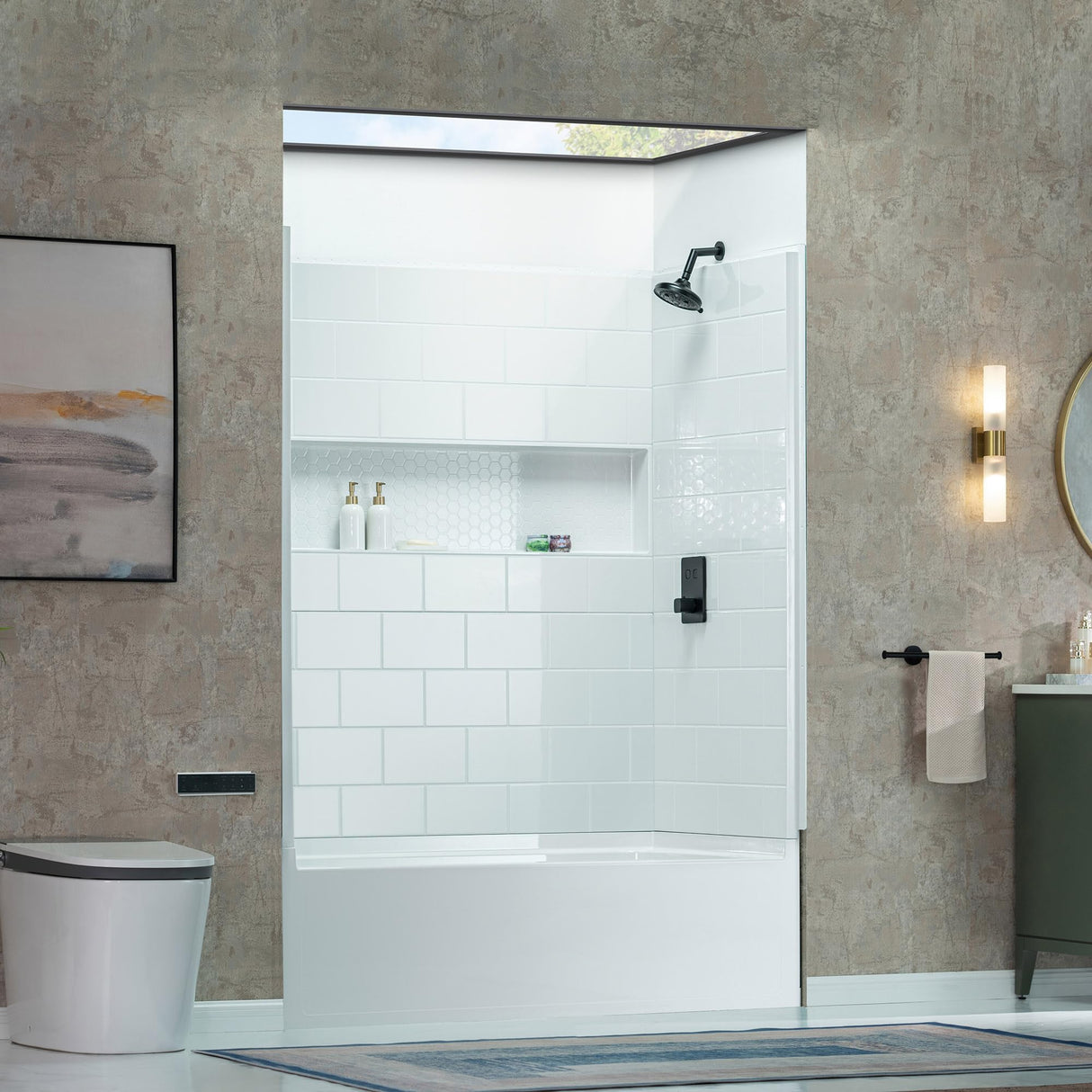 New England Home Goods 60” x 32” Four-Piece Direct-to-Stud Alcove Tub Surround with Left-Drain Hole Soaking Bathtub Combo in White