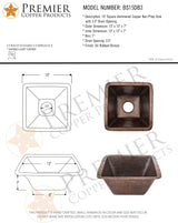 Premier Copper Products BS15DB3 15-Inch Universal Square Hammered Copper Sink With 3.5-Inch Drain Size, Oil Rubbed Bronze