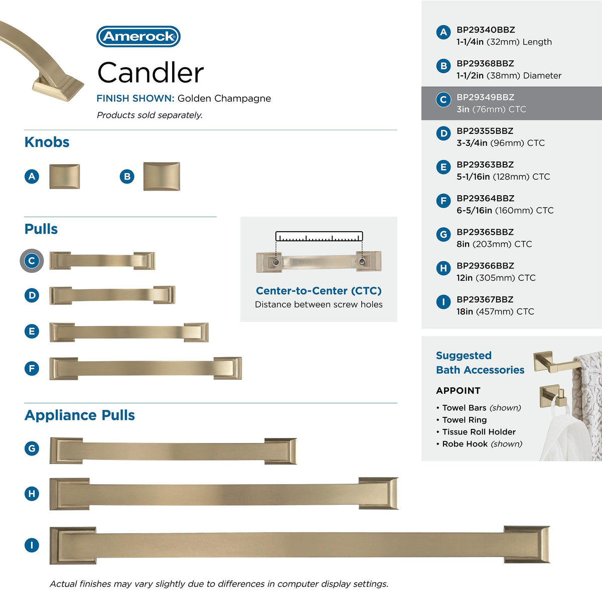 Amerock Cabinet Pull Golden Champagne 3 inch (76 mm) Center to Center Candler 1 Pack Drawer Pull Drawer Handle Cabinet Hardware