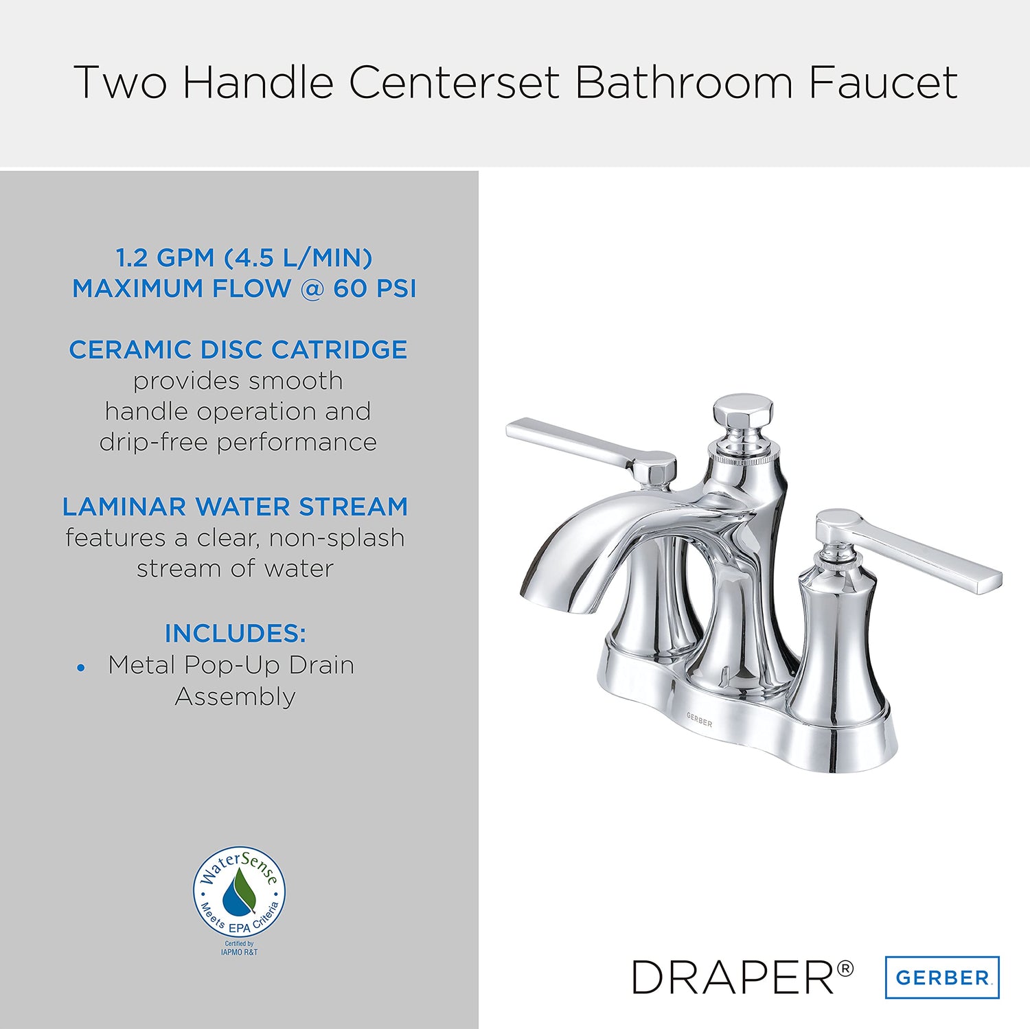Gerber D307028 Chrome Draper Two Handle Centerset Lavatory Faucet