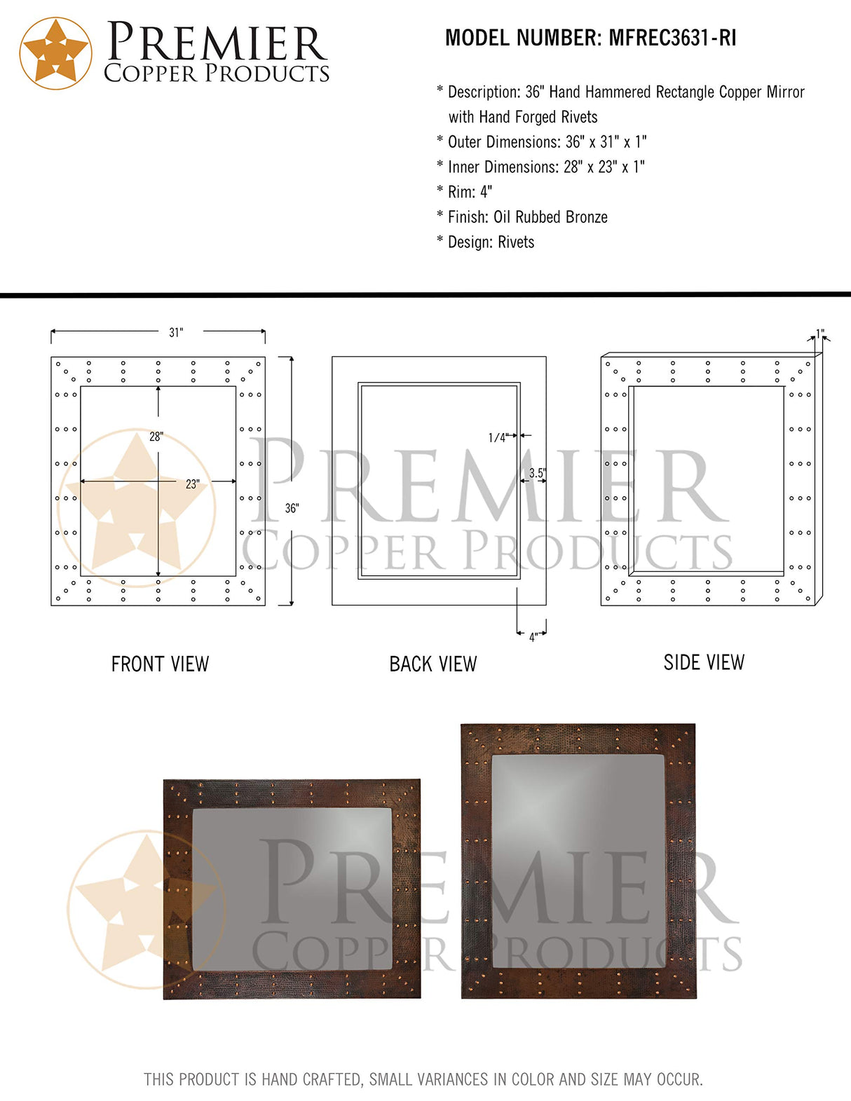 Premier Copper Products MFREC3631-RI 36-Inch Hand Hammered Rectangle Copper Mirror with Hand Forged Rivets