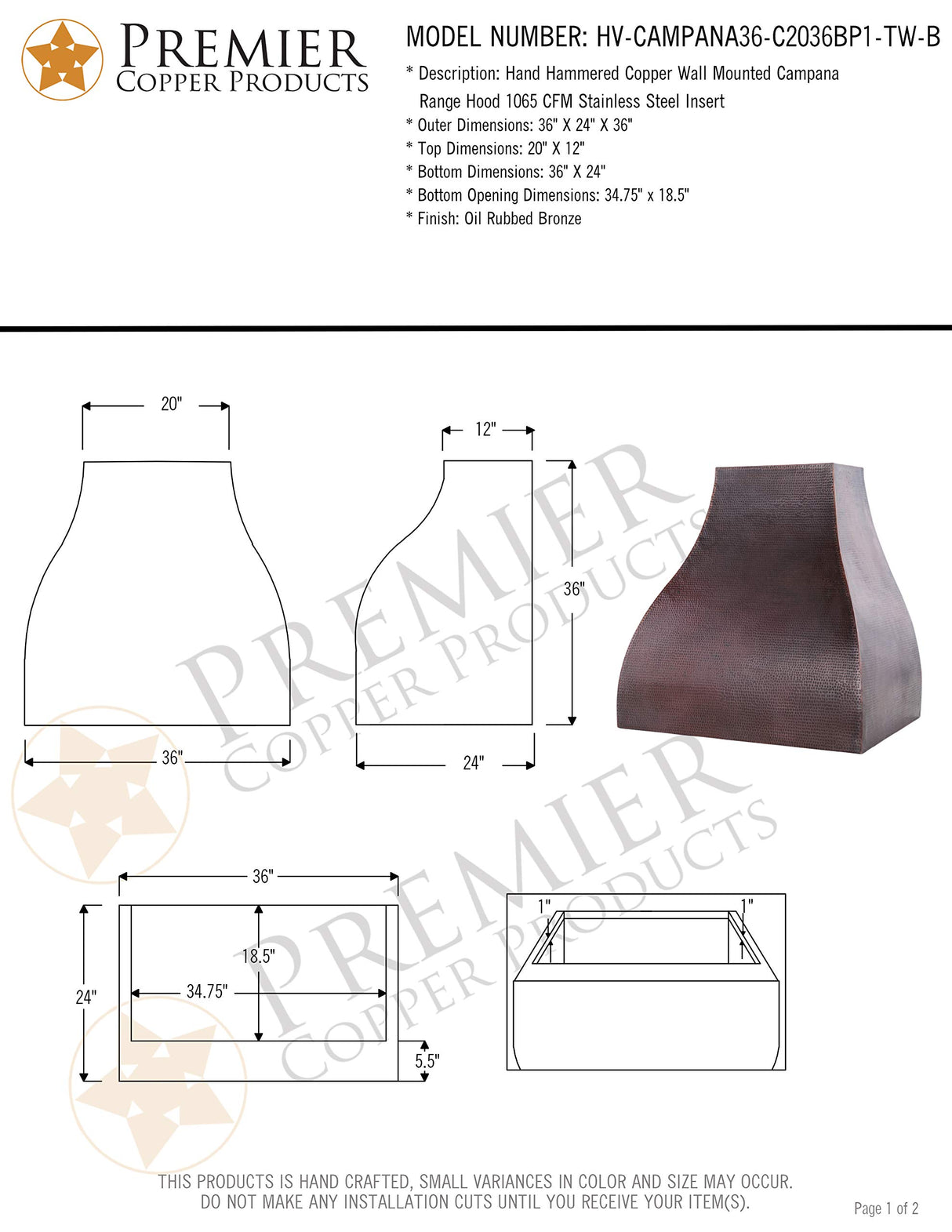 Premier Copper Products HV-CAMPANA36-C2036BP1-TW Campana 36-Inch 1250 CFM Wall Mount Range Hood