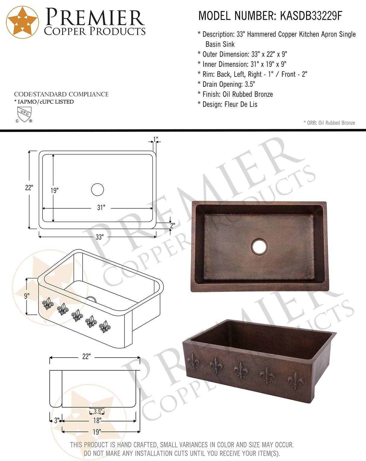 Premier Copper Products KASDB33229F 33-Inch Hammered Copper Kitchen Apron Single Basin Sink with Fleur De Lis Design, Oil Rubbed Bronze