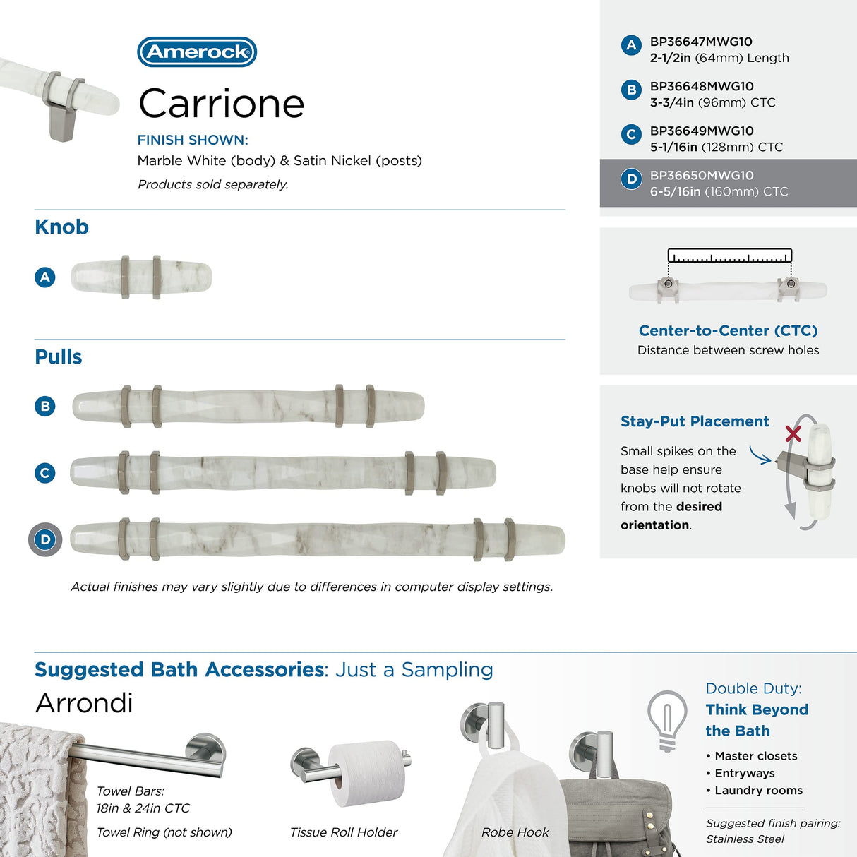 Amerock Cabinet Pull Marble White/Satin Nickel 6-5/16 inch (160 mm) Center to Center Carrione 1 Pack Drawer Pull Drawer Handle Cabinet Hardware