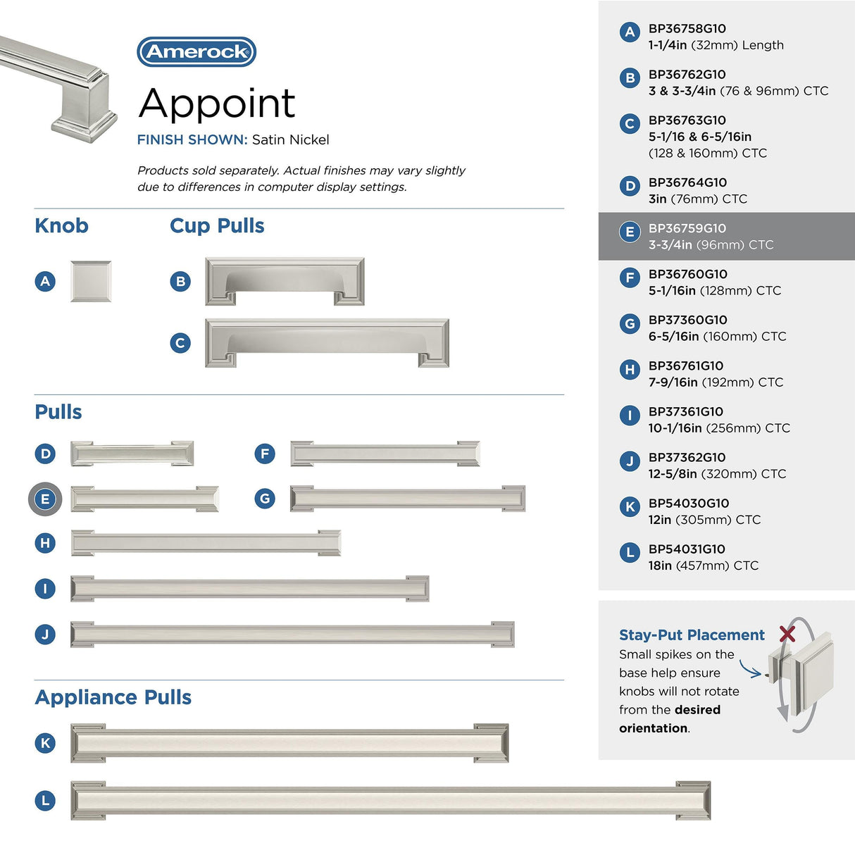 Amerock Cabinet Pull Satin Nickel 3-3/4 inch (96 mm) Center-to-Center Appoint 1 Pack Drawer Pull Cabinet Handle Cabinet Hardware