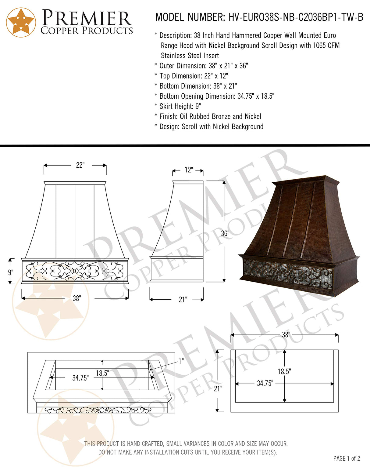Premier Copper ProductsHV-EURO38S-NB-C2036BP1-TW 38-Inch 1250 CFM Hand Hammered Copper Wall Mounted Euro Range Hood with Nickel Background Scroll Design and Screen Filters