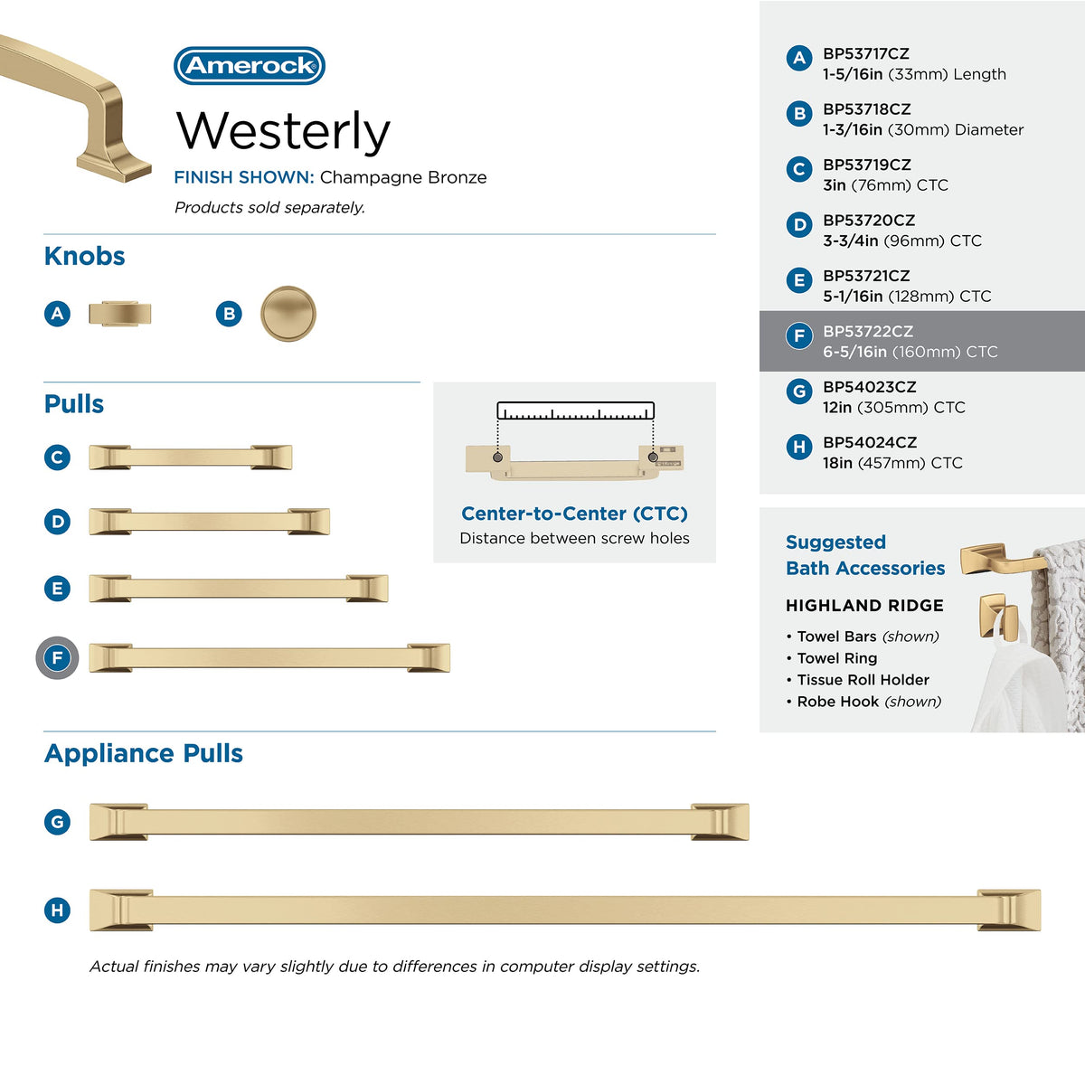 Amerock Cabinet Pull Champagne Bronze 6-5/16 in (160 mm) Center-to-Center Drawer Pull Westerly Kitchen and Bath Hardware Furniture Hardware