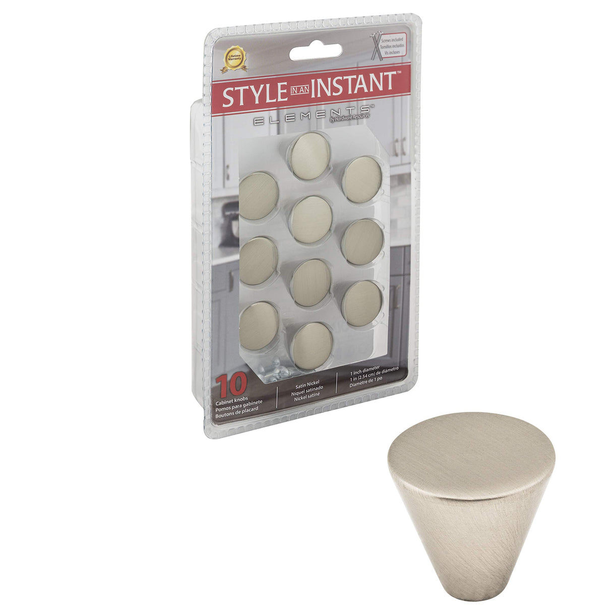 Elements 26SN-R 1" Diameter Satin Nickel Conical Sedona Retail Packaged Cabinet Knob