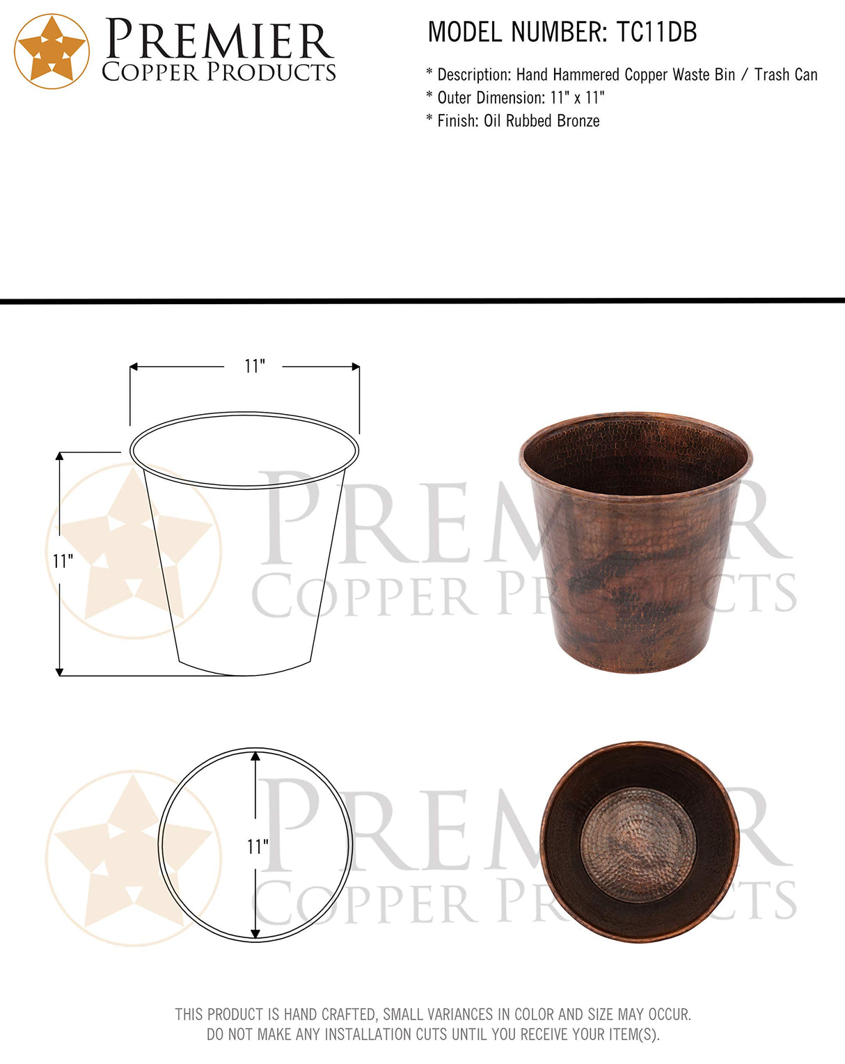 Premier Copper Products TC11DB Hand Hammered Copper Trash Can, Oil Rubbed Bronze