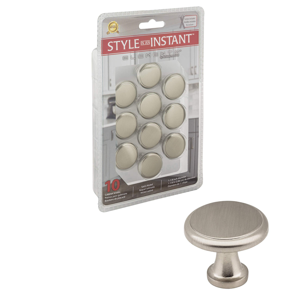 Elements 3970-SN-R 1-3/16" Diameter Satin Nickel Round Kenner Retail Packaged Cabinet Knob