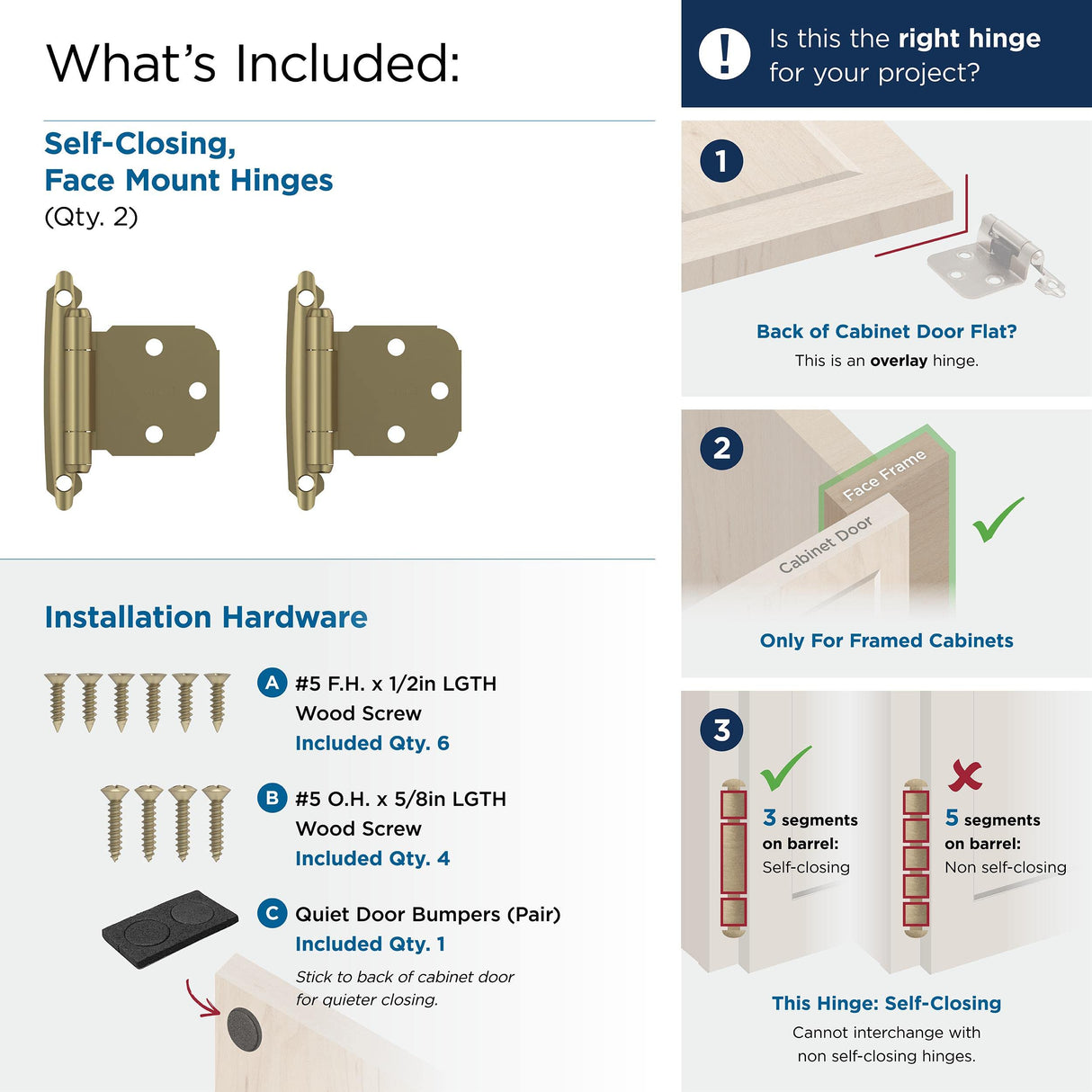 Amerock BPR7629BBZ Face Frame Cabinet Hinge Variable Overlay Self Closing Face Mount Golden Champagne Kitchen Cabinet Door Hinge 1 Pair/2 Pack Functional Hardware