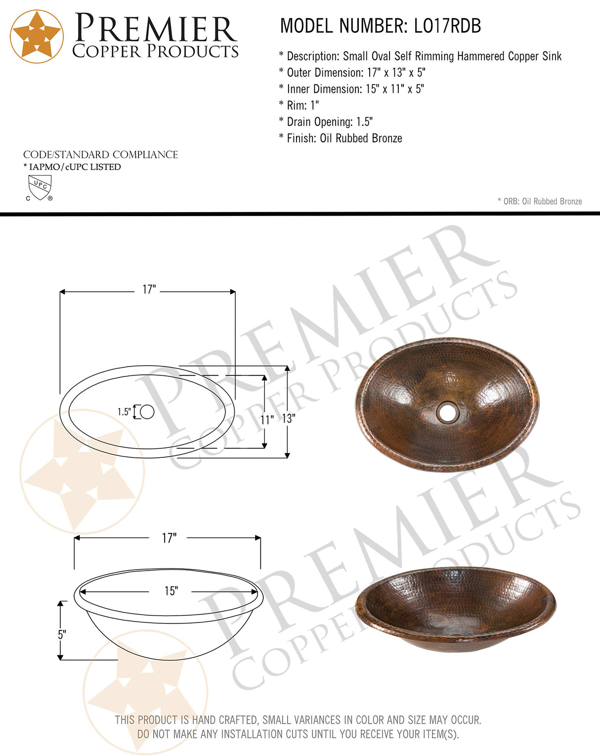 Premier Copper Products LO17RDB 17-Inch Oval Self Rimming Hammered Copper Sink, Oil Rubbed Bronze