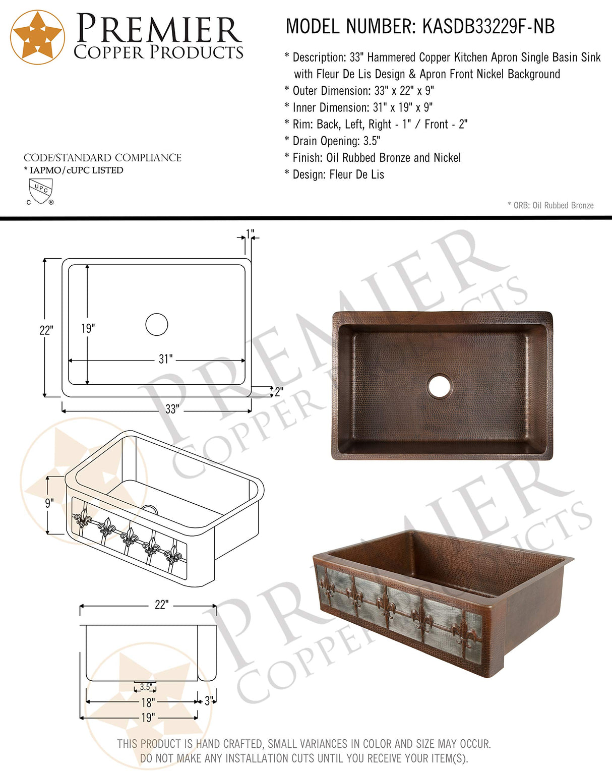 Premier Copper Products KASDB33229F-NB 33-Inch Hammered Copper Apron Front Single Basin Kitchen Sink w/ Fleur De Lis Design and Nickel Background