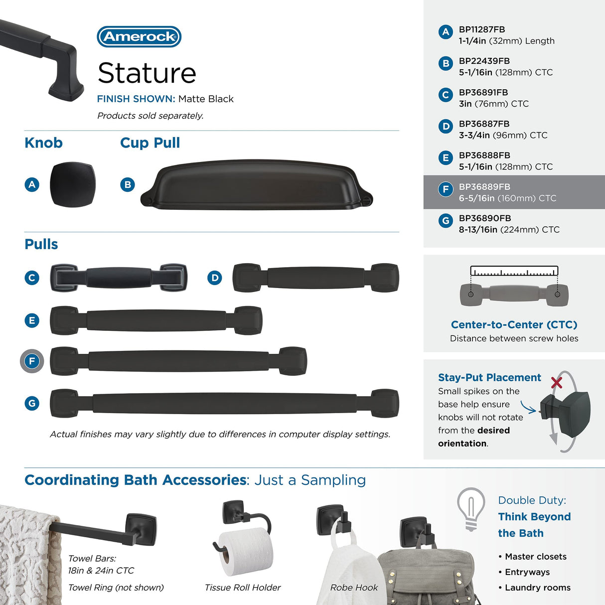 Amerock Cabinet Pull Matte Black 6-5/16 inch (160 mm) Center-to-Center Stature 1 Pack Drawer Pull Cabinet Handle Cabinet Hardware