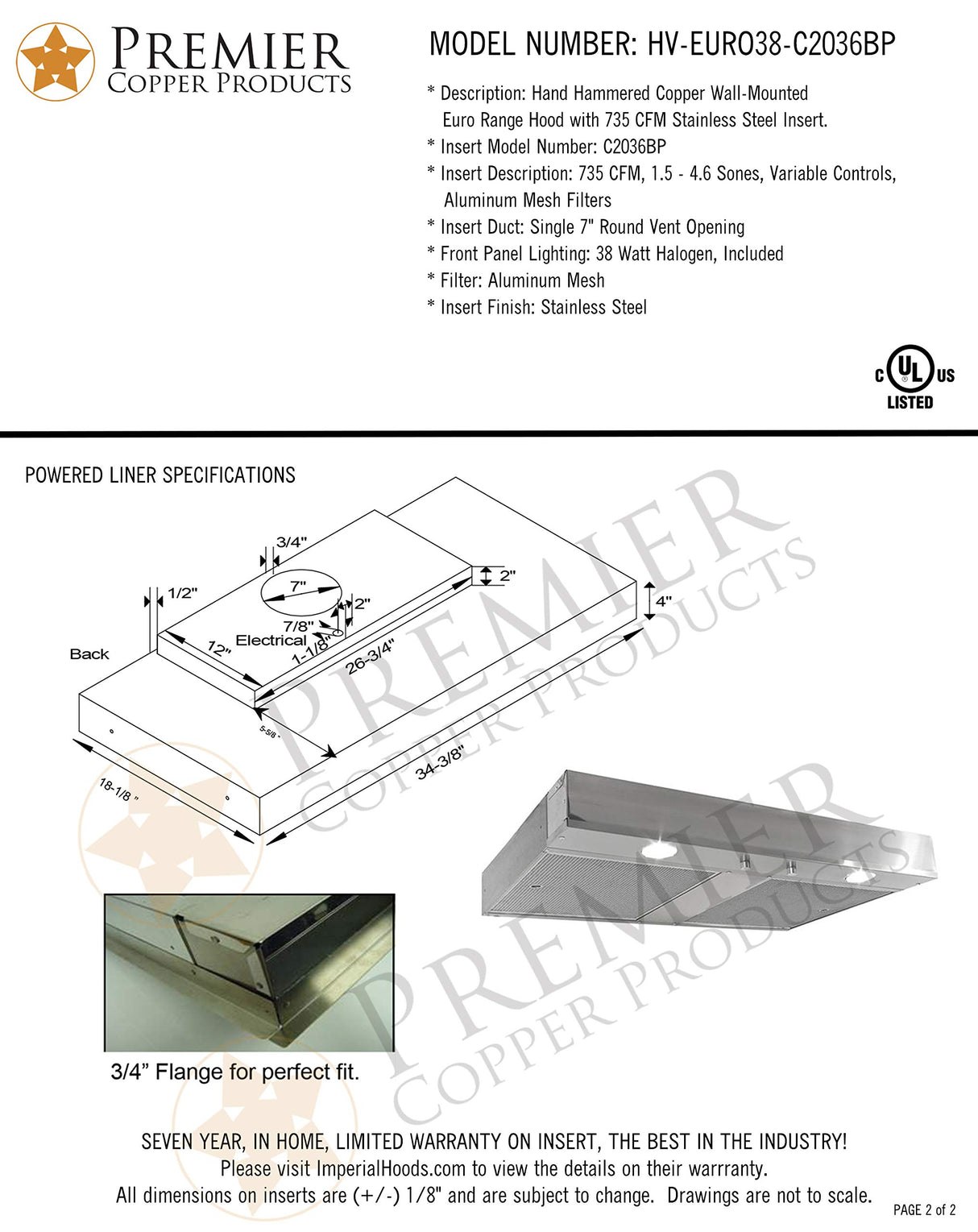 Premier Copper Products HV-EURO38-C2036BP Euro 38-Inch 735 CFM Wall Mount Range Hood