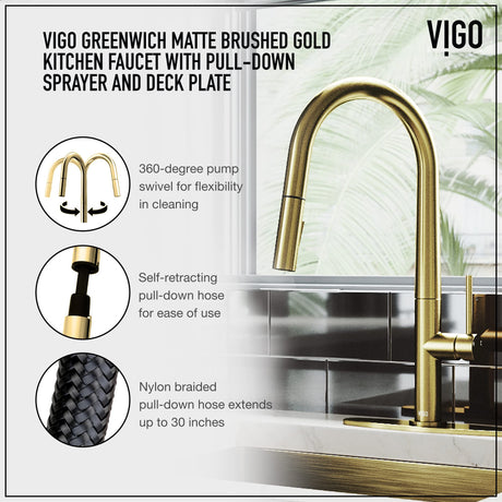 VIGO VG02029MGK1 18" H Greenwich Single-Handle with Pull-Down Sprayer Kitchen Faucet with Deck Plate in Matte Gold