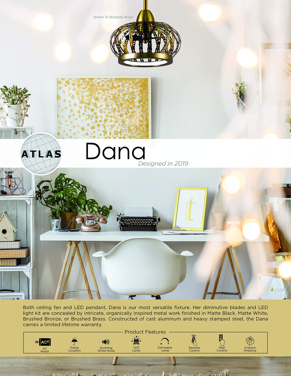 Matthews Fan DM-MWH Dana ceiling fan pendant in Matte White finish.
