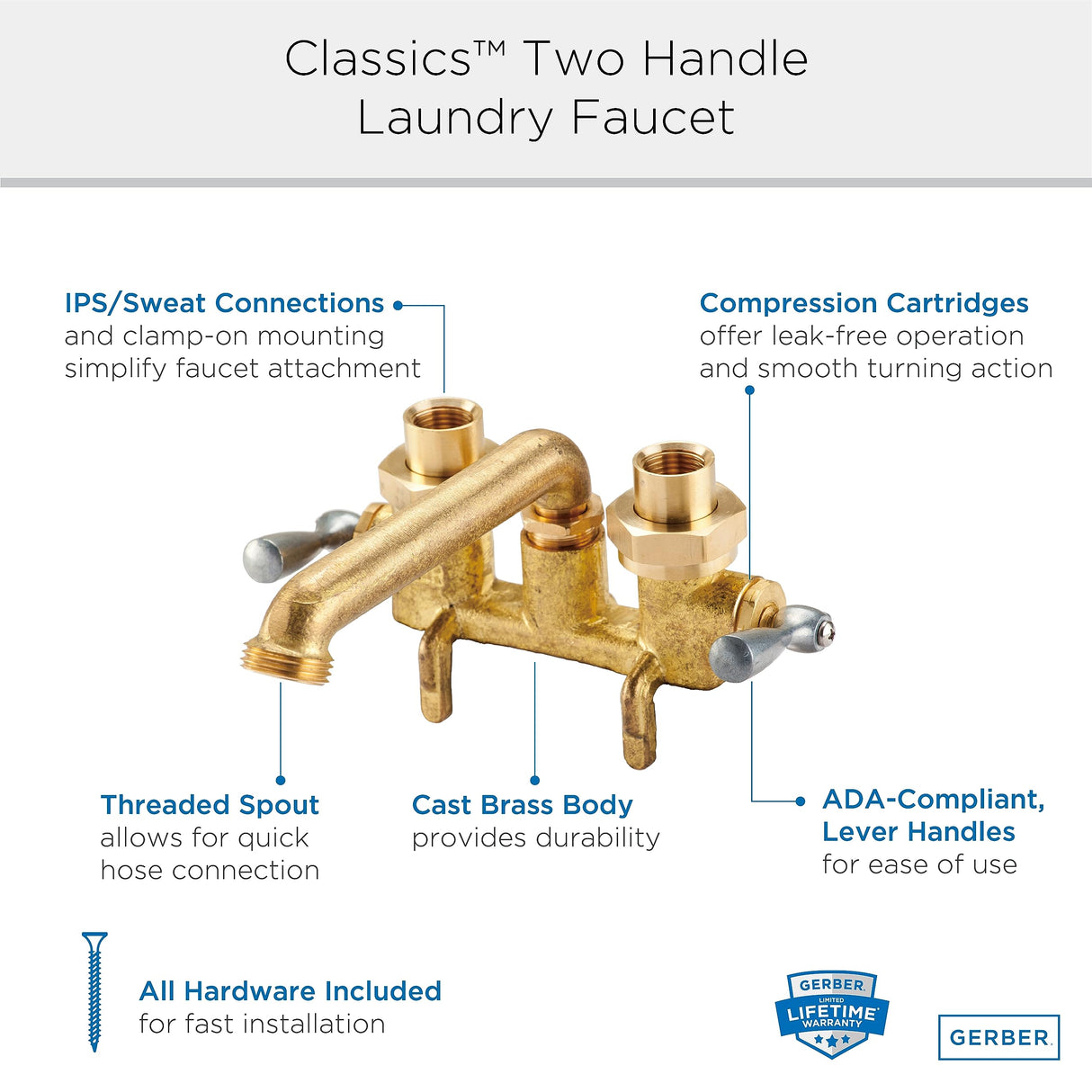 Gerber G0049530 Rough Brass Classics Two Handle Clamp On Laundry Faucet W/ I...