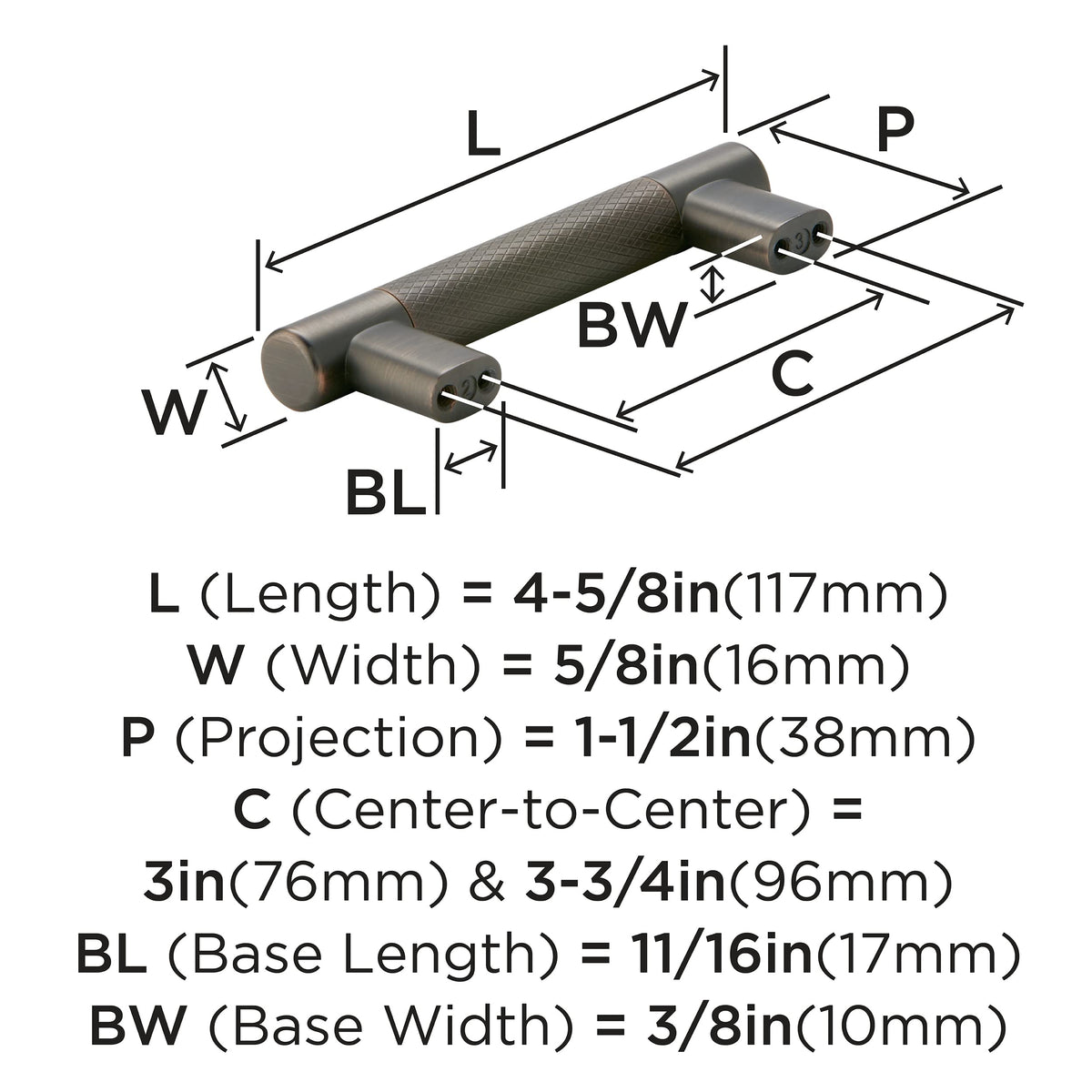 Amerock BP36557ORB Kitchen Cabinet Pull Oil Rubbed Bronze 3 in & -3/4 in (76 mm & 96 mm) Center-to-Center Bronx 1 Pack Furniture Hardware Cabinet Handle Bathroom Drawer Pull