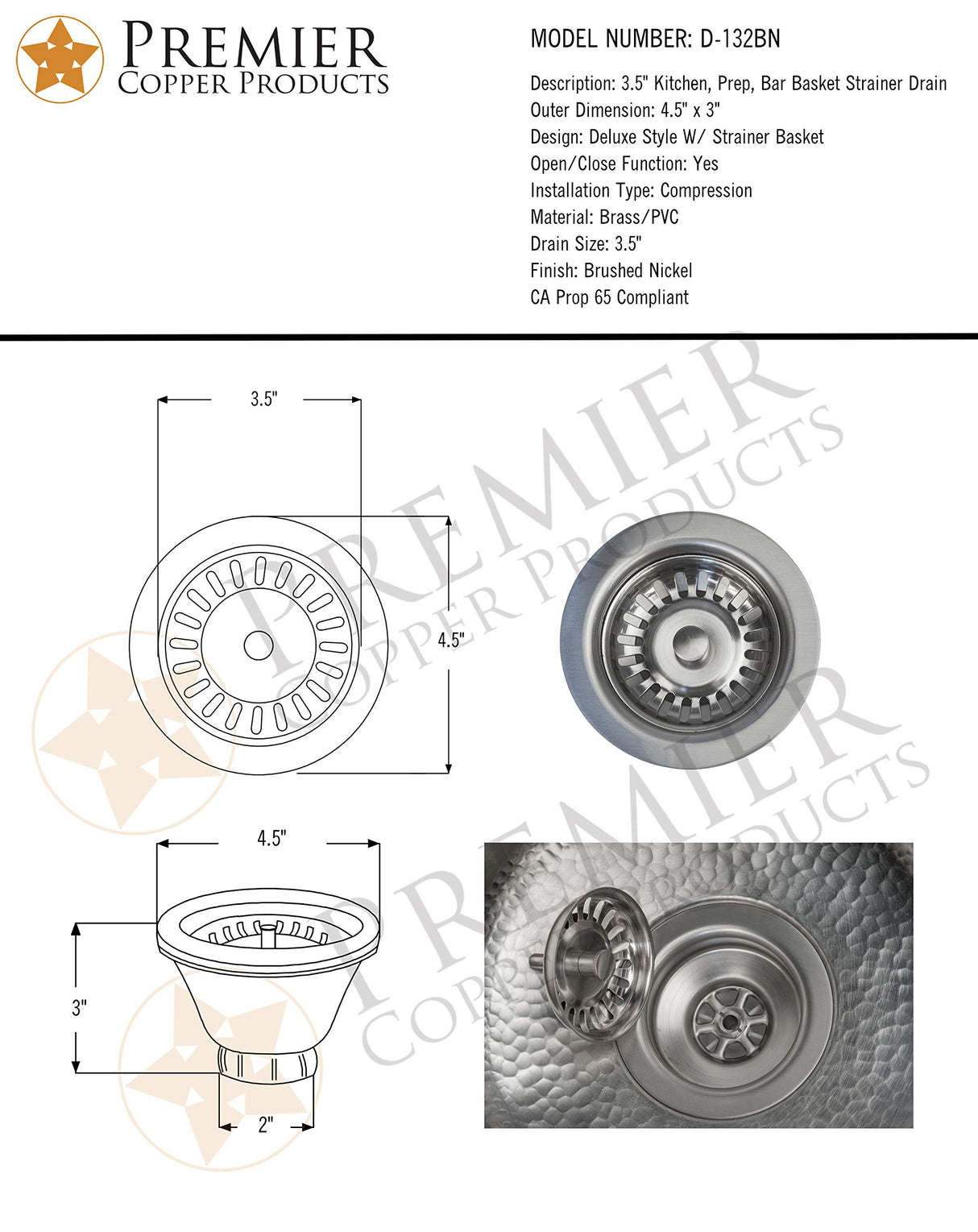 Premier Copper Products D-132BN 3.5-Inch Kitchen Prep Bar Basket Strainer Drain Flange