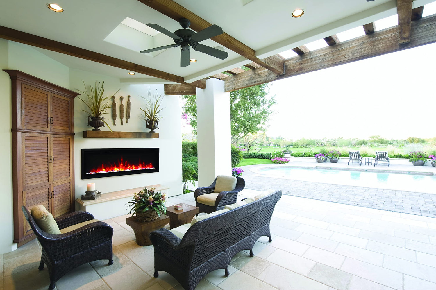 Amantii BI-60-SLIM-OD Panorama Slim Full View Smart Electric  - 60" Indoor /Outdoor WiFi Enabled Fireplace, featuring a MultiFunction Remote, Multi Speed Flame Motor, Glass Media & a Black Trim
