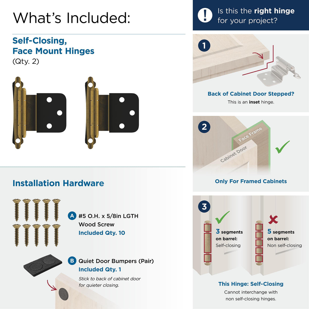 Amerock Cabinet Hinge 3/8 inch (10 mm) Inset Hinge Antique Brass 2 Pack Self-Closing Hinge Face Mount Hinge Cabinet Door Hinge