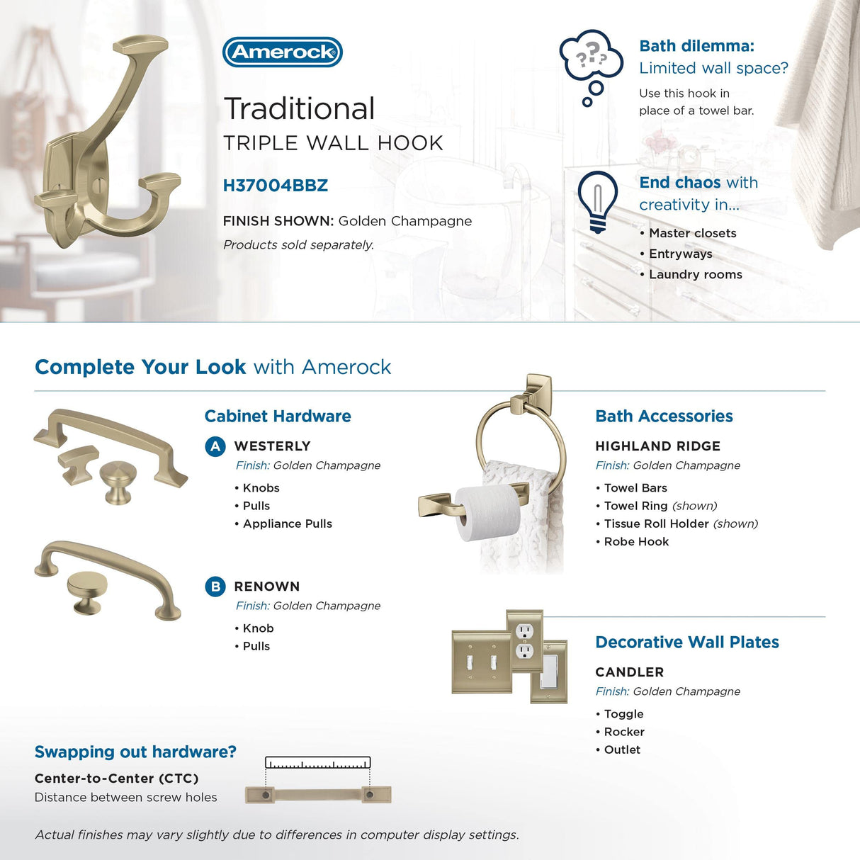 Amerock H37004BBZ Vicinity Triple Prong Decorative Wall Hook Golden Champagne Hook for Coats, Hats, Backpacks, Bags Hooks for Bathroom, Bedroom, Closet, Entryway, Laundry Room, Office