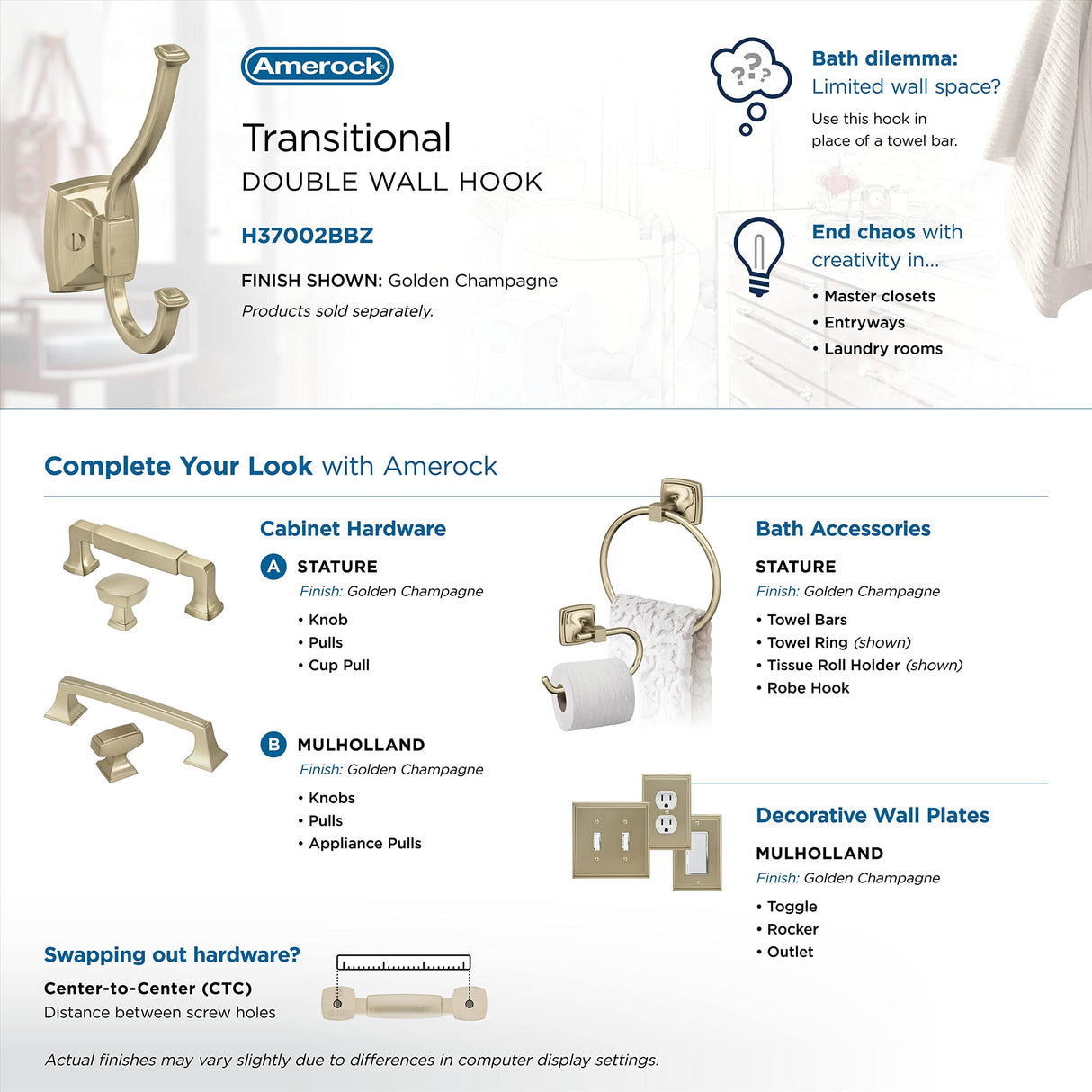 Amerock H37002BBZ Kinsale Double Prong Decorative Wall Hook Golden Champagne Hook for Coats, Hats, Backpacks, Bags Hooks for Bathroom, Bedroom, Closet, Entryway, Laundry Room, Office