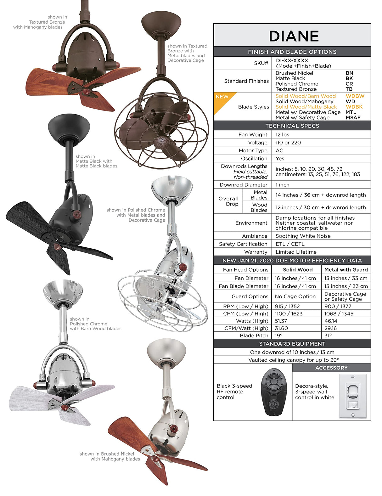 Matthews Fan DI-CR-WDBK Diane oscillating ceiling fan in Polished Chrome finish with solid matte black wood blades.