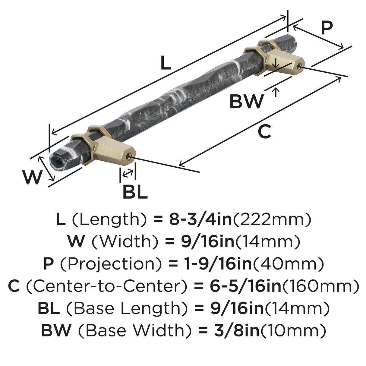 Amerock BP36650MBKBBZ Carrione Cabinet Pull, 6-5/16 in (160 mm) Center-to-Center, Marble Black/Golden Champagne