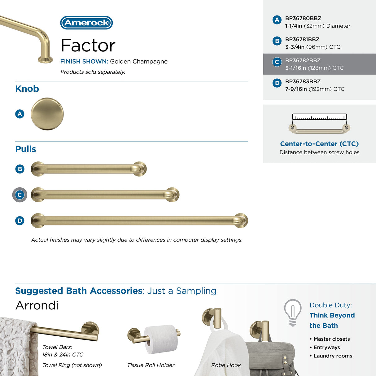 Amerock Cabinet Pull Golden Champagne 5-1/16 in (128 mm) Center-to-Center Drawer Pull Factor Kitchen and Bath Hardware Furniture Hardware