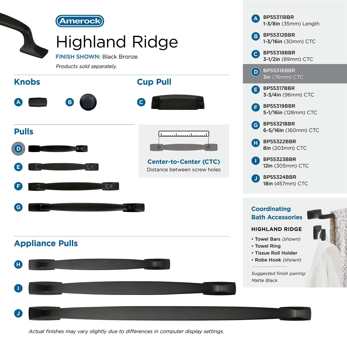Amerock Cabinet Pull Black Bronze 3 inch (76 mm) Center to Center Highland Ridge 1 Pack Drawer Pull Drawer Handle Cabinet Hardware