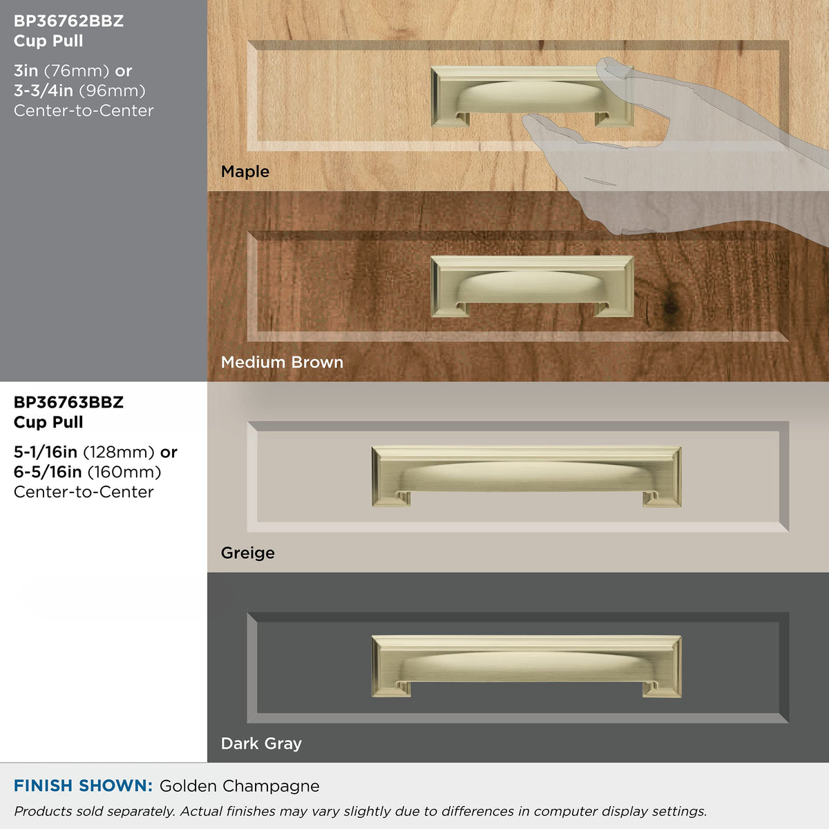 Amerock Cabinet Cup Pull Golden Champagne 3 inch & 3-3/4 inch (76mm & 96 mm) Center to Center Appoint 1 Pack Drawer Pull Drawer Handle Cabinet Hardware