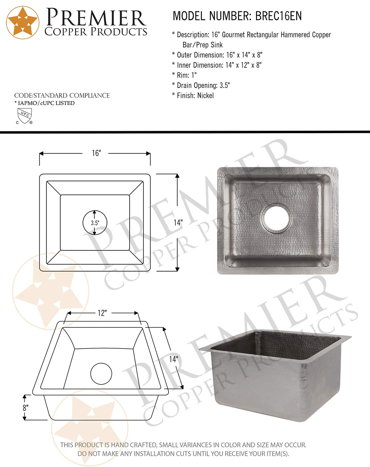 Premier Copper Products BREC16EN 16-Inch Gourmet Rectangular Hammered Copper Bar Prep Sink in Nickel