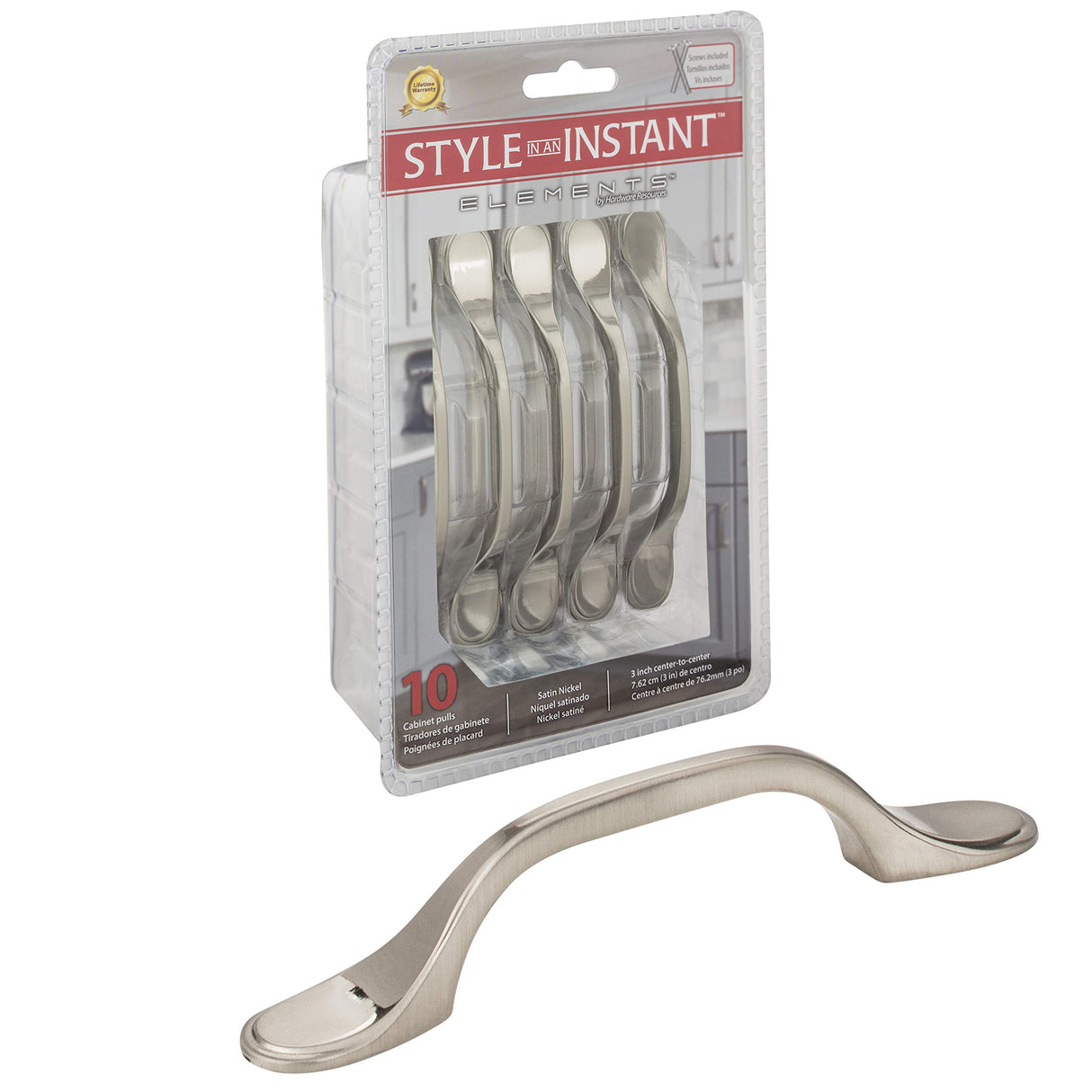 Elements 254-3SN-R 3" Center-to-Center Satin Nickel Kenner Retail Packaged Cabinet Pull