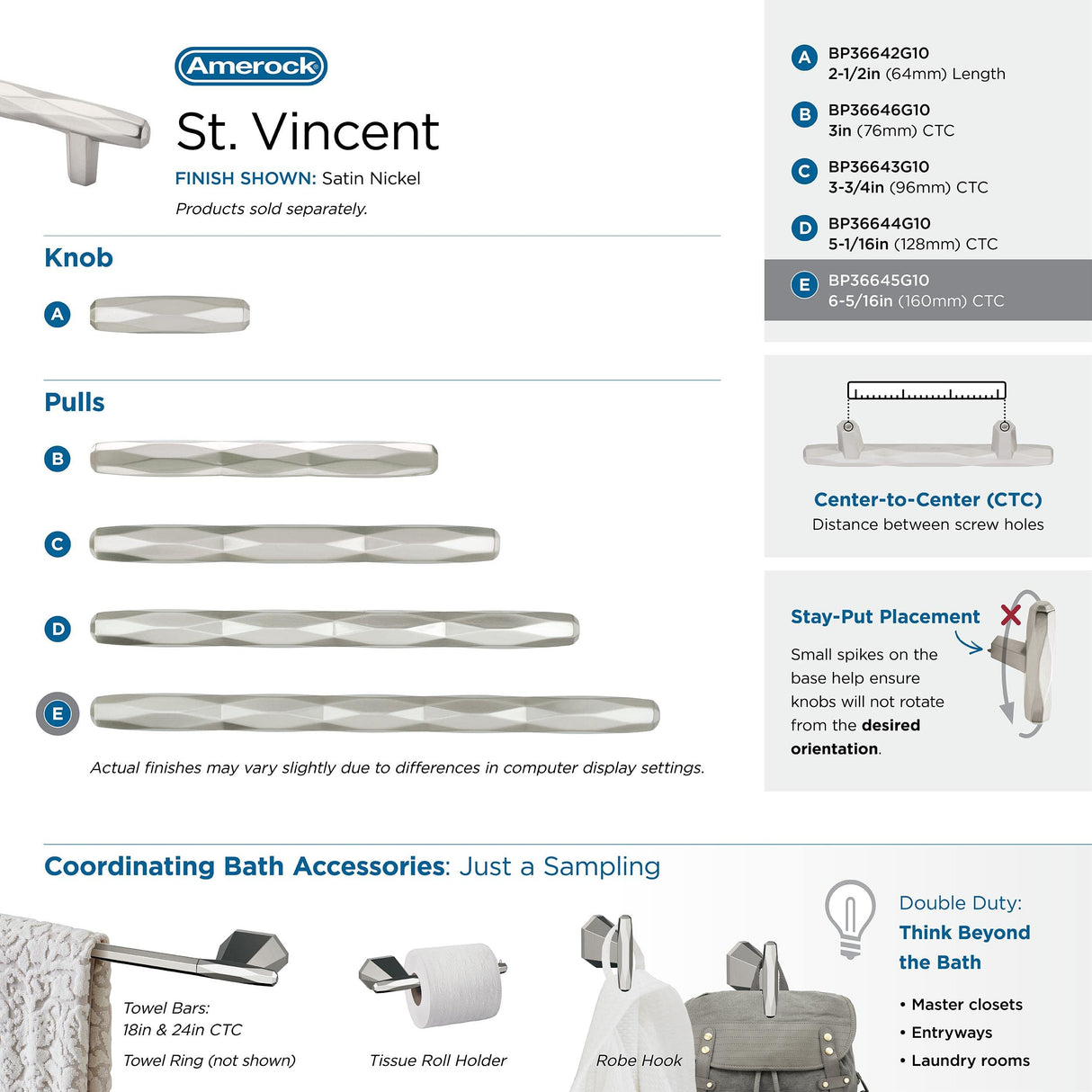 Amerock Cabinet Pull Satin Nickel 6-5/16 inch (160 mm) Center to Center St. Vincent 1 Pack Drawer Pull Drawer Handle Cabinet Hardware