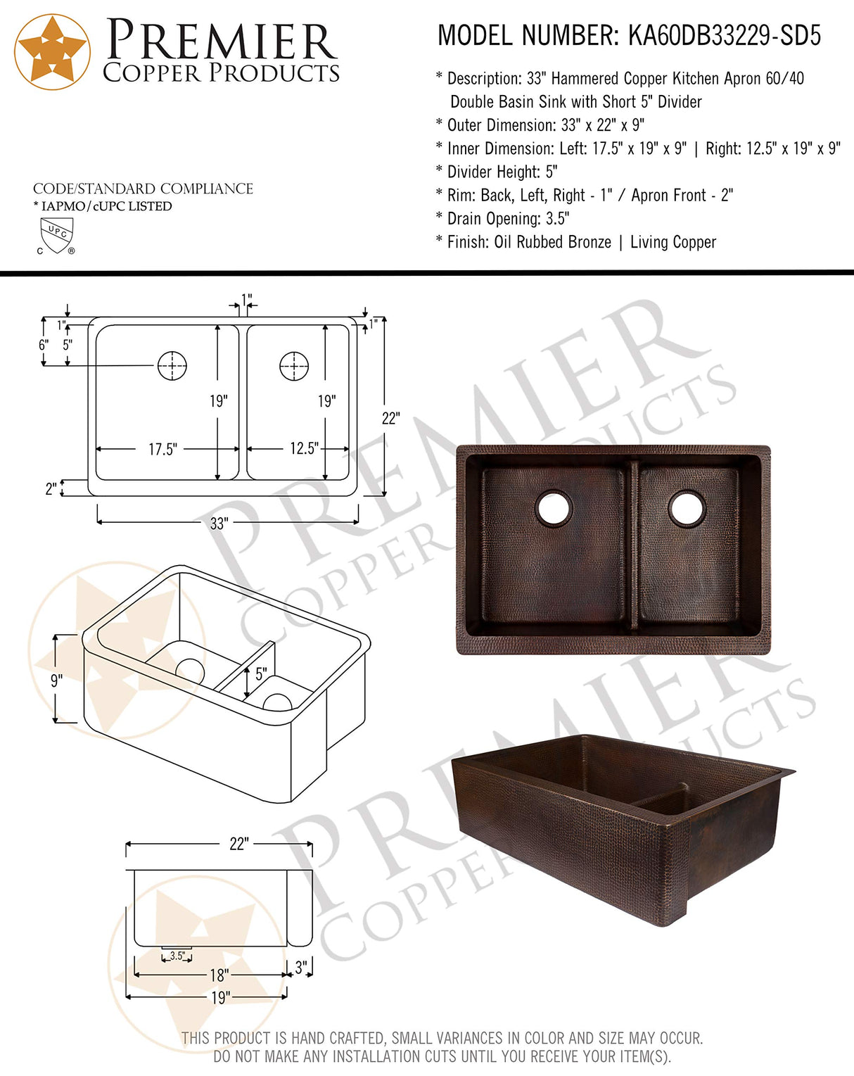 Premier Copper Products KA60DB33229-SD5 33-Inch Hammered Copper Kitchen Apron 60/40 Double Basin Sink with Short 5-Inch Divider…