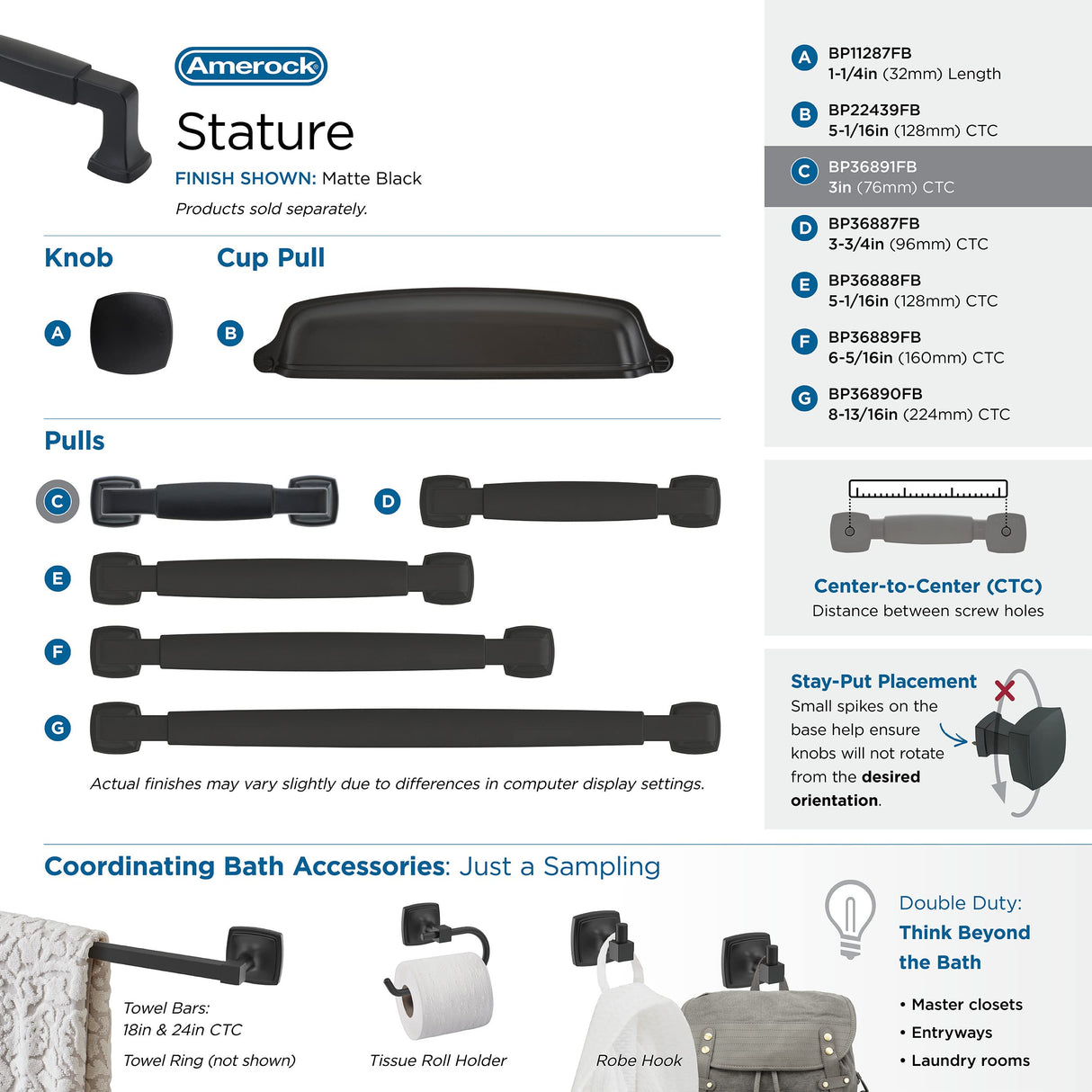 Amerock Cabinet Pull Matte Black 3 inch (76 mm) Center to Center Stature 1 Pack Drawer Pull Drawer Handle Cabinet Hardware