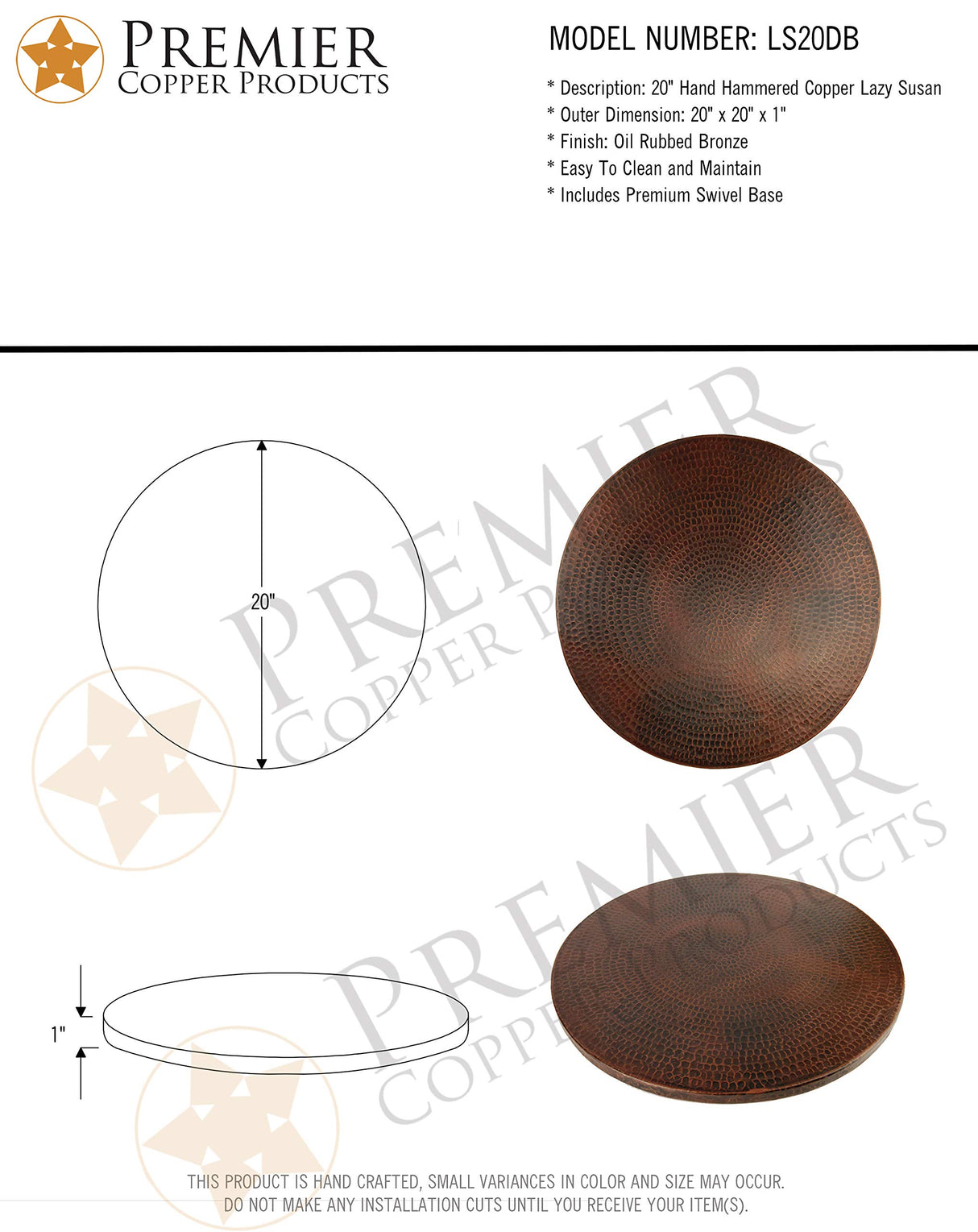 Premier Copper Products LS20DB 20-Inch Hand Hammered Copper Lazy Susan, Oil Rubbed Bronze