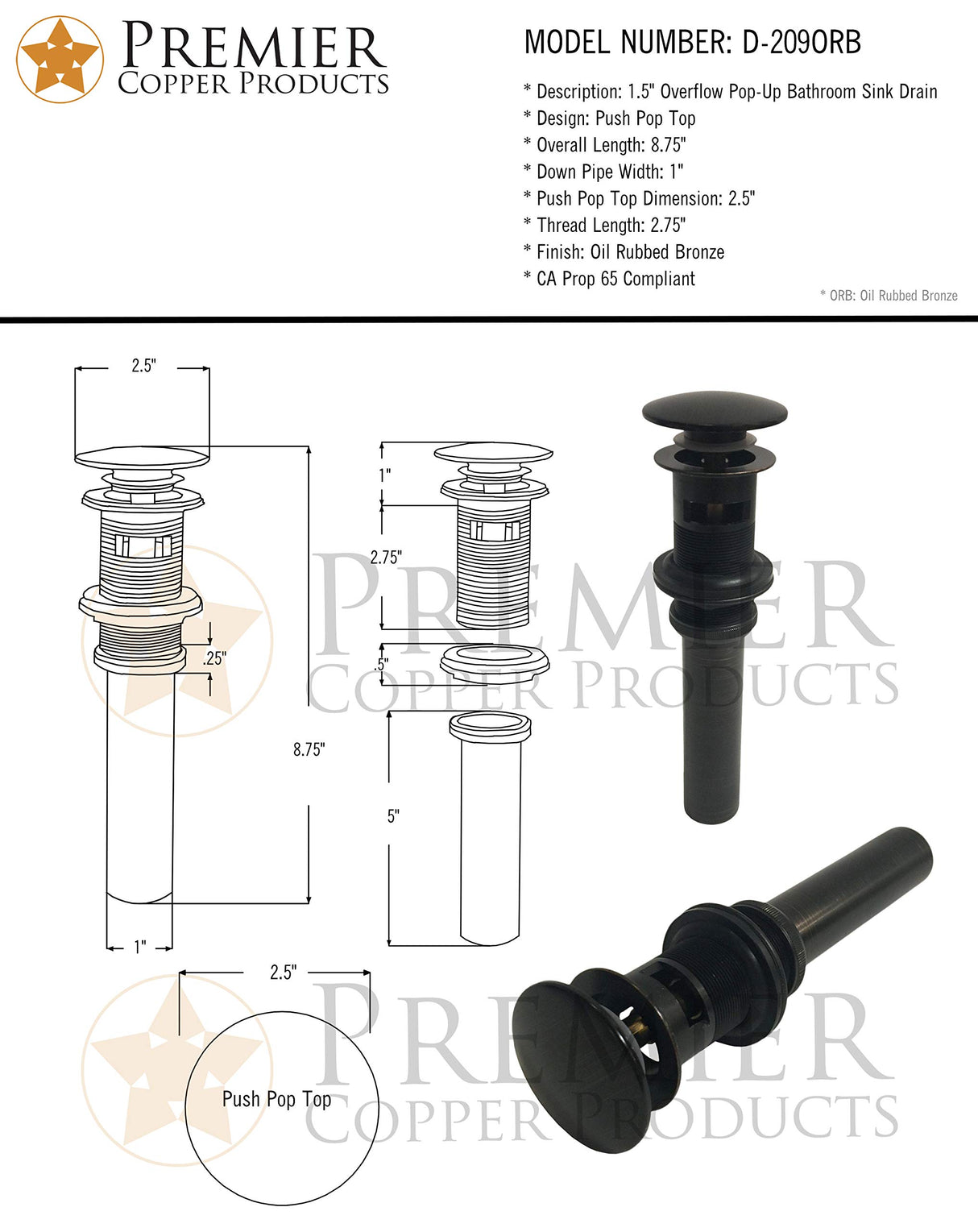 Premier Copper Products D-209ORB 1.5-Inch Overflow Pop-Up Bathroom Sink Drain, Oil Rubbed Bronze