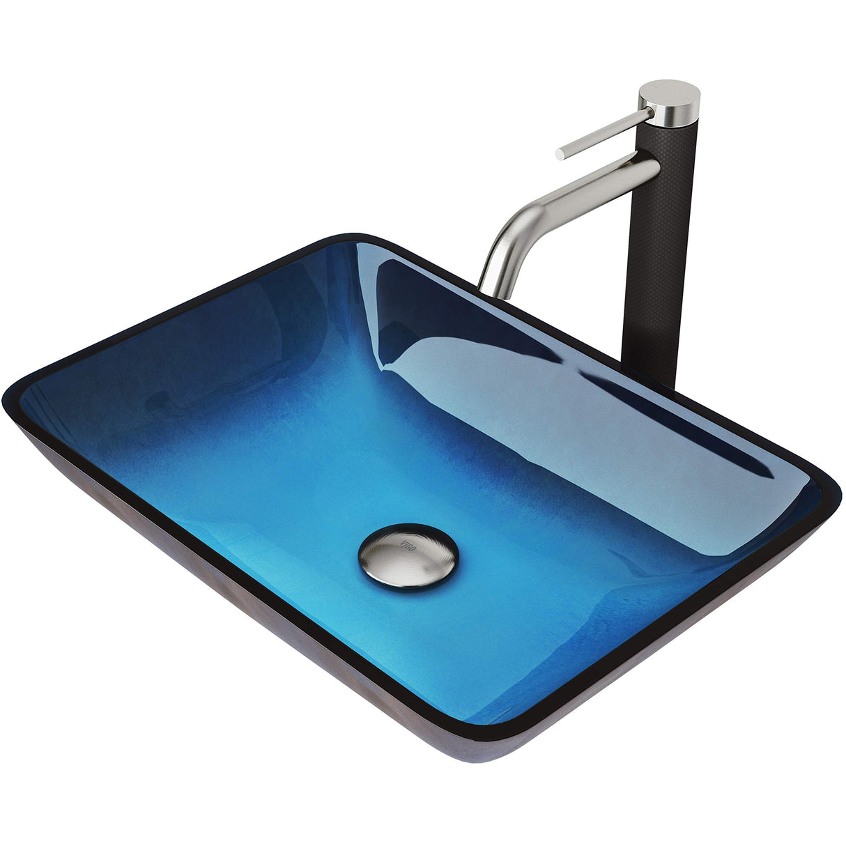 VIGO VGT1440 18.125" L -13.0" W -10.25" H Handmade Countertop Glass Rectangular Vessel Bathroom Sink Set in Turquoise Finish with cFiber Brushed Nickel Single-Handle Faucet and Pop Up Drain