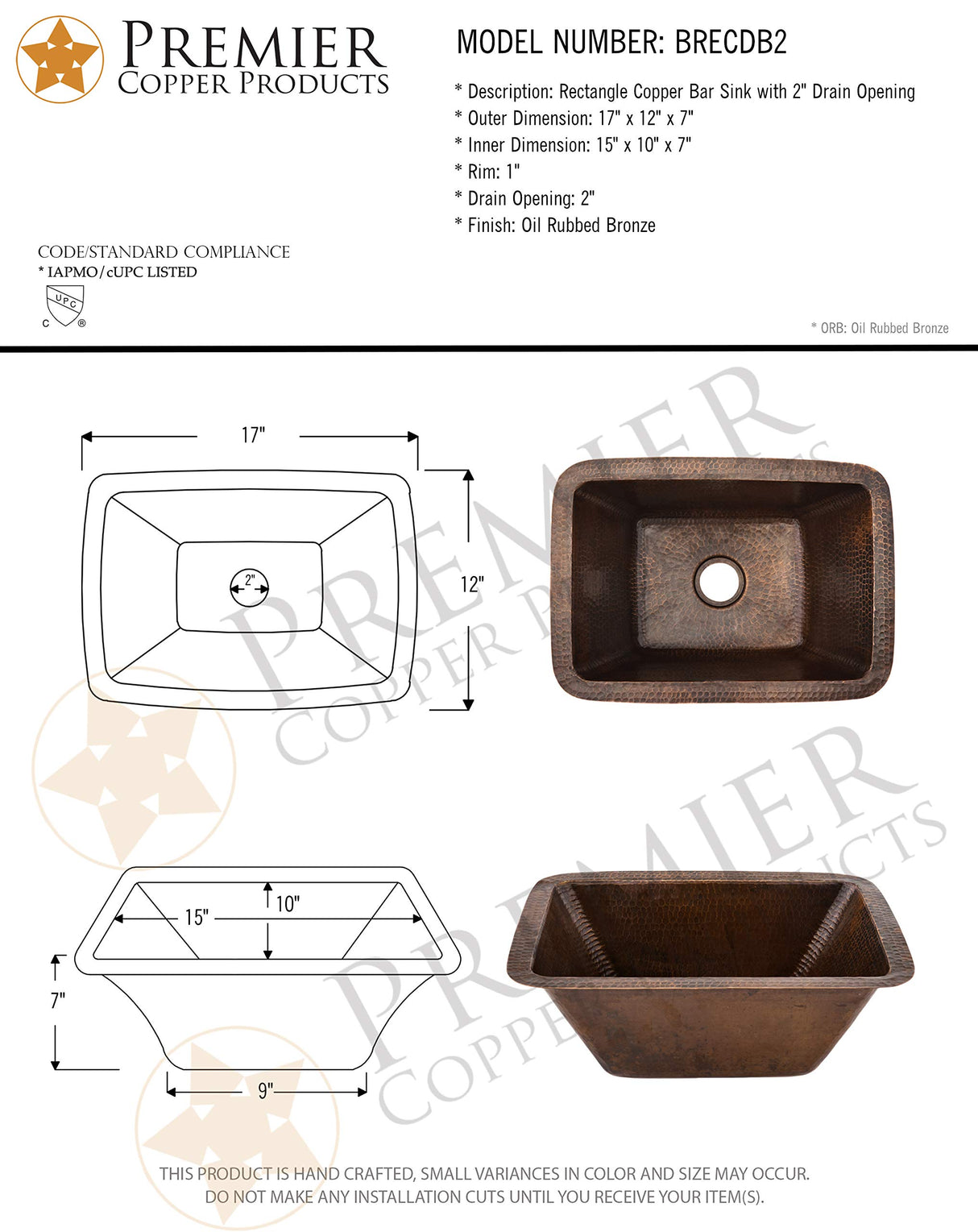Premier Copper Products BRECDB2 17-Inch Rectangle Copper Bar Sink with 2-Inch Drain Size, Oil Rubbed Bronze