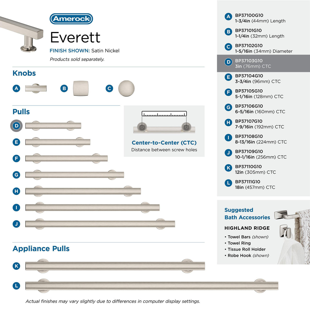Amerock Corp BP37103G10 Everett Pull, 3 in (76 mm) Center-to-Center, Satin Nickel
