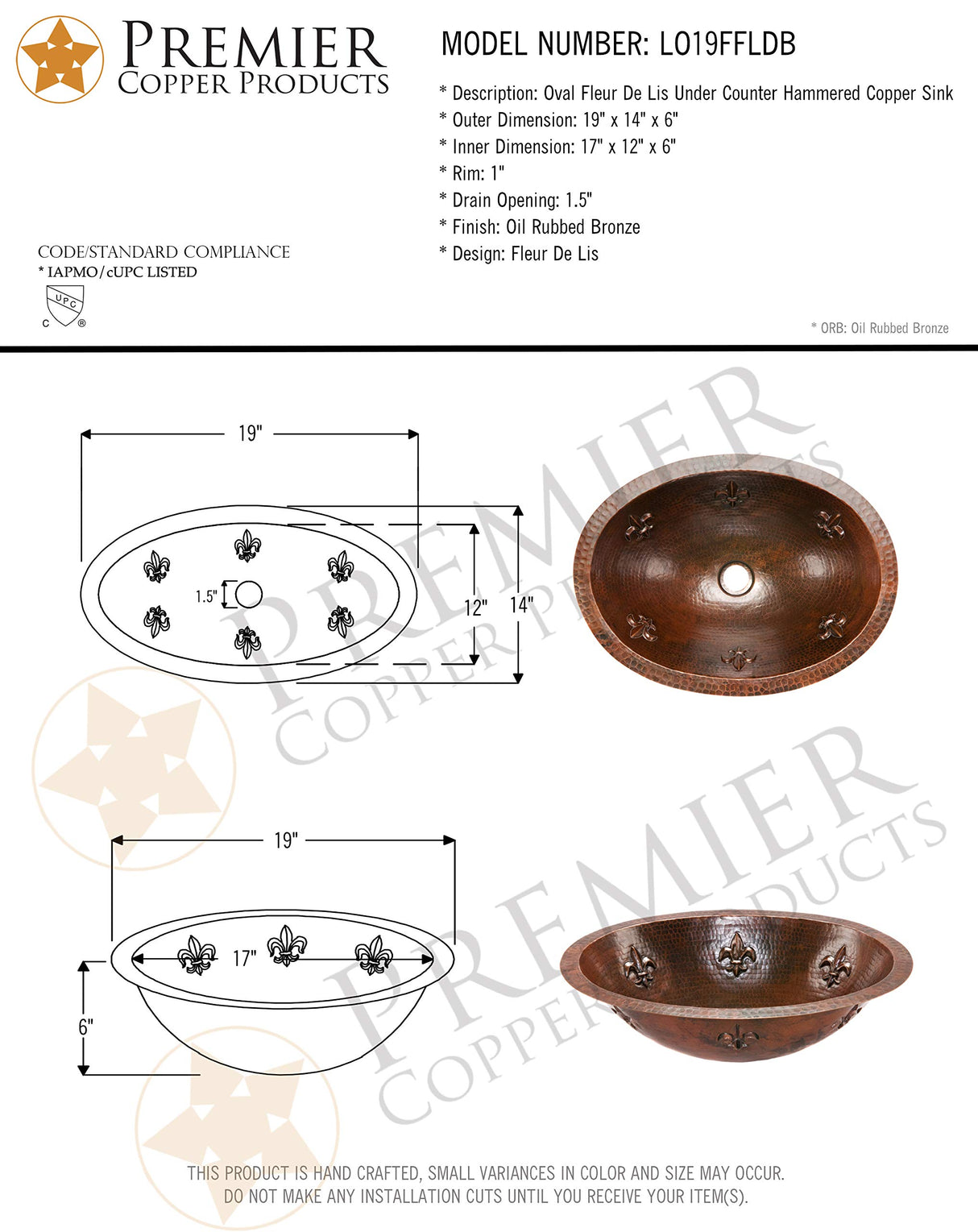 Premier Copper Products LO19FFLDB 19-Inch Oval Fleur De Lis Under Mount Hammered Copper Sink, Oil Rubbed Bronze